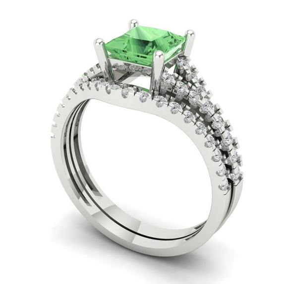 3.36 ct Brilliant Princess Cut Green Zircon 18K White Gold Solitaire with Accents Engagement Bridal Wedding Ring Band Set size 8