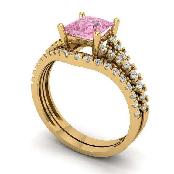 3.36 ct Brilliant Princess Cut Pink Zircon 18K Yellow Gold Solitaire with Accents Engagement Bridal Wedding Ring Band Set size 5.5
