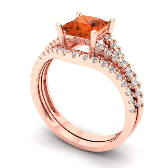 3.36 ct Brilliant Princess Cut Red Zircon 14k Rose Gold Solitaire with Accents Engagement Bridal Wedding Ring Band Set size 8.75