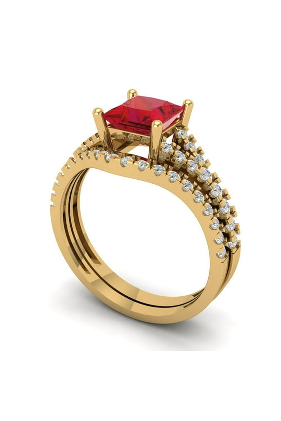 3.36 ct Brilliant Princess Cut Ruby 14k Yellow Gold Solitaire with Accents Engagement Bridal Wedding Ring Band Set size 8