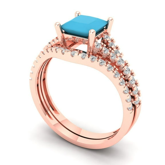 3.36 ct Brilliant Princess Cut Turquoise 14k Rose Gold Solitaire with Accents Engagement Bridal Wedding Ring Band Set size 6.75