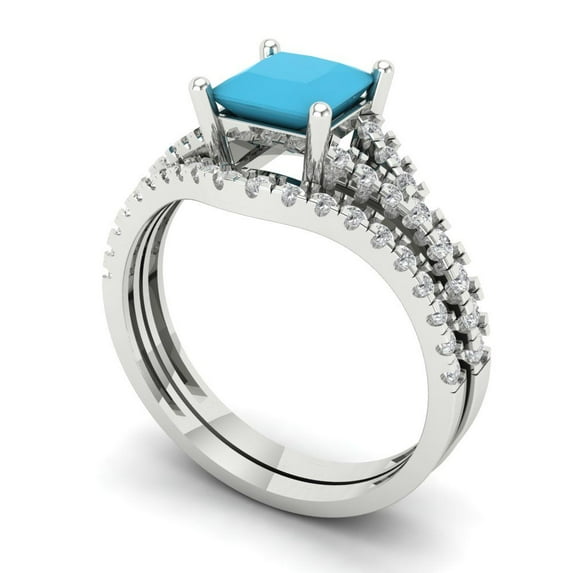 3.36 ct Brilliant Princess Cut Turquoise 18K White Gold Solitaire with Accents Engagement Bridal Wedding Ring Band Set size 5.5