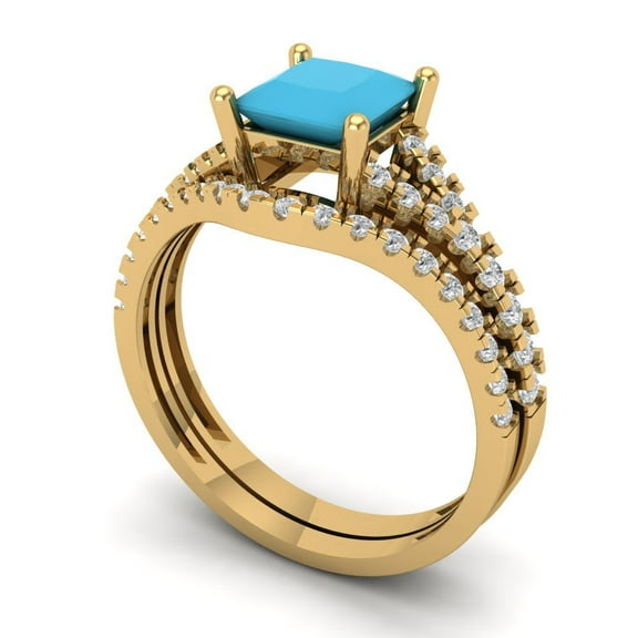 3.36 ct Brilliant Princess Cut Turquoise 18K Yellow Gold Solitaire with Accents Engagement Bridal Wedding Ring Band Set size 11