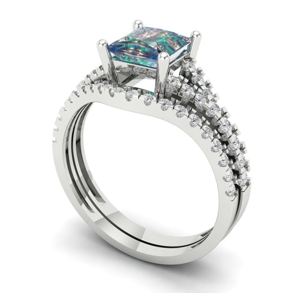 3.36 ct Brilliant Princess Cut Blue Moissanite 14k White Gold Solitaire with Accents Engagement Bridal Wedding Ring Band Set size 5.25