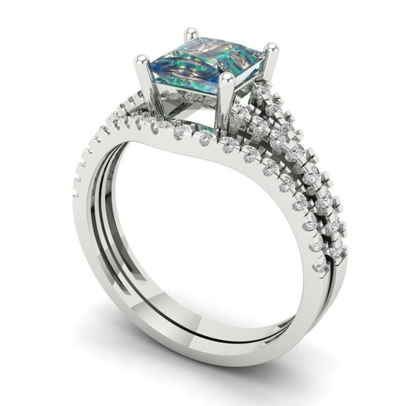 3.36 ct Brilliant Princess Cut Blue Moissanite 18K White Gold Solitaire with Accents Engagement Bridal Wedding Ring Band Set size 9.75