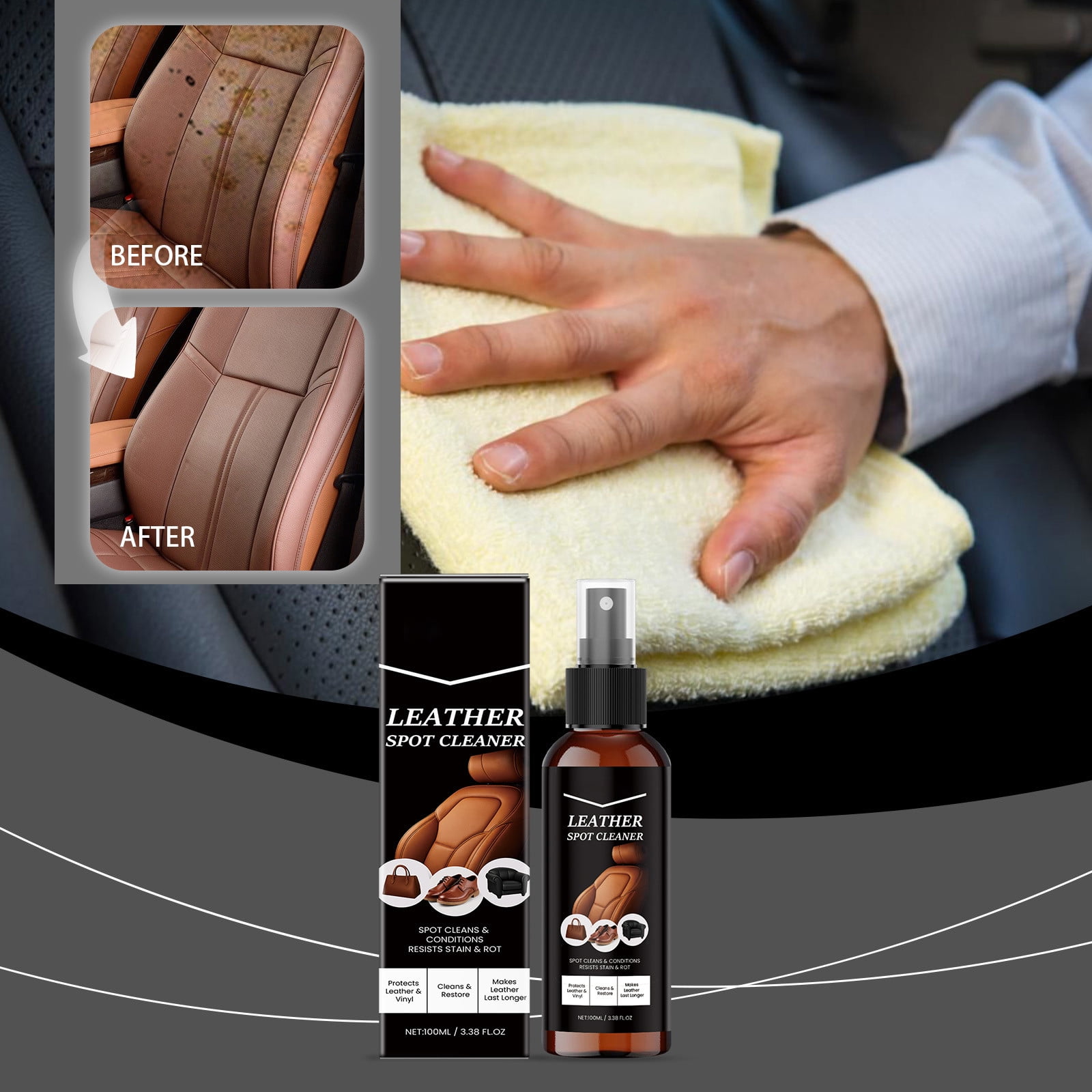 3.38 fl.oz Effective Car Interior Cleaner Spray | Leather Car Seat Cleaner | Stain Remover for Carpet, Upholstery, Fabric, and Much More!