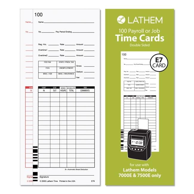 Time Clock Cards for Lathem Time 7000E/7500E, Two Sides, 3.38 x 8.78, 100/Pack Time Clock Cards for Lathem Time 7000E/7500E, Two Sides, 3.38 x 8.78, 100/Pack