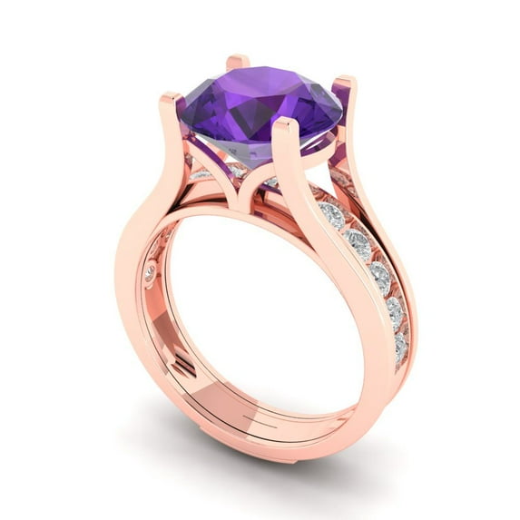 3.39 ct Brilliant Round Cut Natural Amethyst 18K Rose Gold Solitaire with Accents Engagement Bridal Wedding Ring Band Set size 10.75