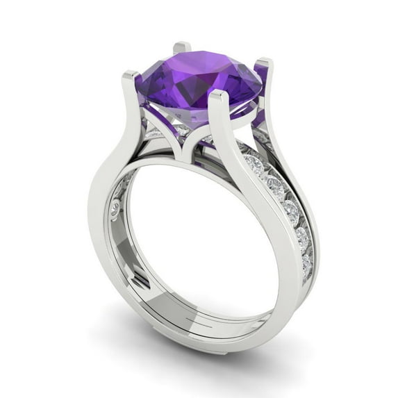 3.39 ct Brilliant Round Cut Natural Amethyst 18K White Gold Solitaire with Accents Engagement Bridal Wedding Ring Band Set size 5