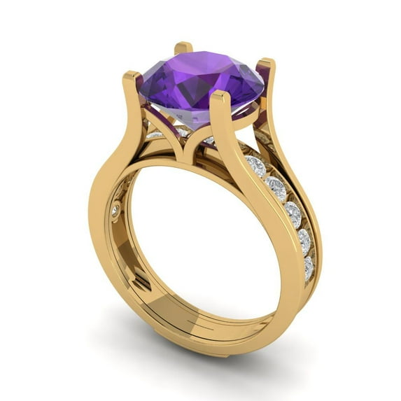 3.39 ct Brilliant Round Cut Natural Amethyst 18K Yellow Gold Solitaire with Accents Engagement Bridal Wedding Ring Band Set size 4