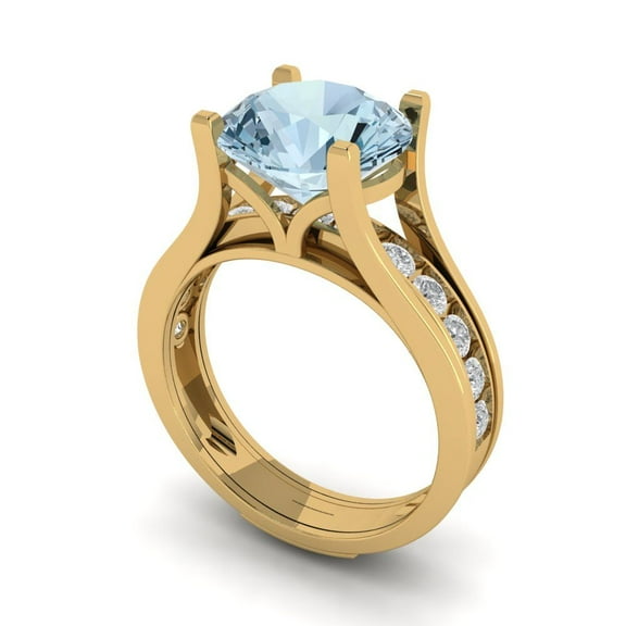 3.39 ct Brilliant Round Cut Natural Aquamarine 18K Yellow Gold Solitaire with Accents Engagement Bridal Wedding Ring Band Set size 3.5