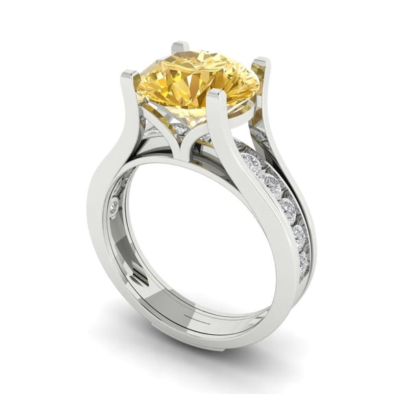 3.39 ct Brilliant Round Cut Natural Citrine 14k White Gold Solitaire with Accents Engagement Bridal Wedding Ring Band Set size 7.75