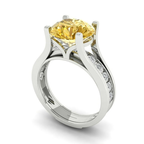3.39 ct Brilliant Round Cut Natural Citrine 18K White Gold Solitaire with Accents Engagement Bridal Wedding Ring Band Set size 5.25
