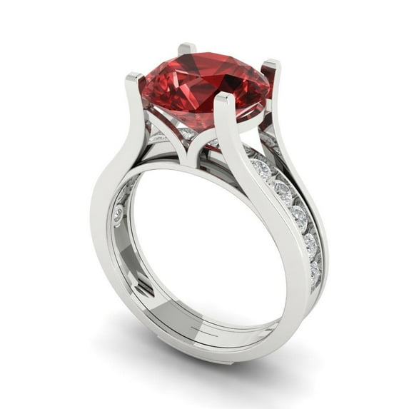 3.39 ct Brilliant Round Cut Natural Garnet 18K White Gold Solitaire with Accents Engagement Bridal Wedding Ring Band Set size 10.5
