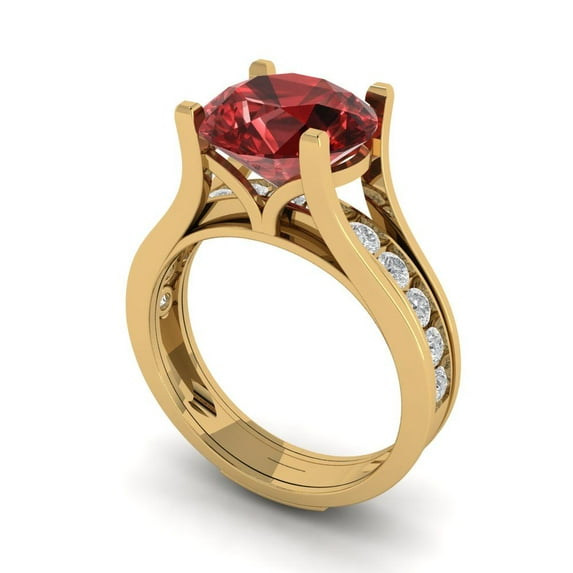 3.39 ct Brilliant Round Cut Natural Garnet 18K Yellow Gold Solitaire with Accents Engagement Bridal Wedding Ring Band Set size 10.5
