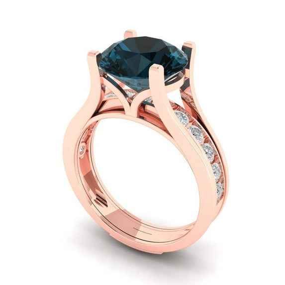 3.39 ct Brilliant Round Cut Natural London Blue Topaz 18K Rose Gold Solitaire with Accents Engagement Bridal Wedding Ring Band Set size 4.5