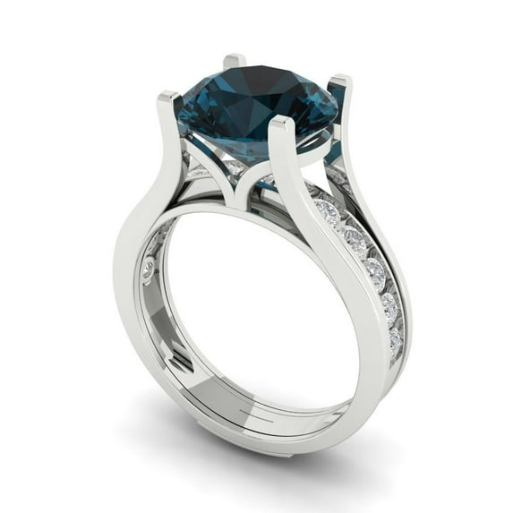 3.39 ct Brilliant Round Cut Natural London Blue Topaz 18K White Gold Solitaire with Accents Engagement Bridal Wedding Ring Band Set size 9.5