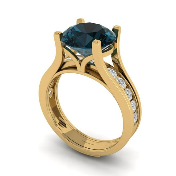 3.39 ct Brilliant Round Cut Natural London Blue Topaz 18K Yellow Gold Solitaire with Accents Engagement Bridal Wedding Ring Band Set size 7