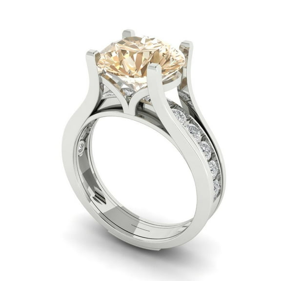 3.39 ct Brilliant Round Cut Natural Morganite 18K White Gold Solitaire with Accents Engagement Bridal Wedding Ring Band Set size 3.75