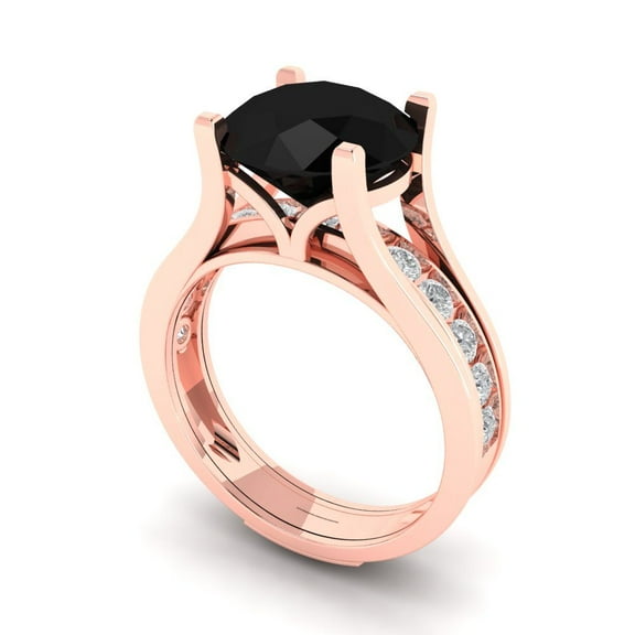 3.39 ct Brilliant Round Cut Natural Onyx 14k Rose Gold Solitaire with Accents Engagement Bridal Wedding Ring Band Set size 5.25