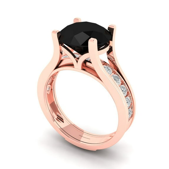 3.39 ct Brilliant Round Cut Natural Onyx 18K Rose Gold Solitaire with Accents Engagement Bridal Wedding Ring Band Set size 6.75