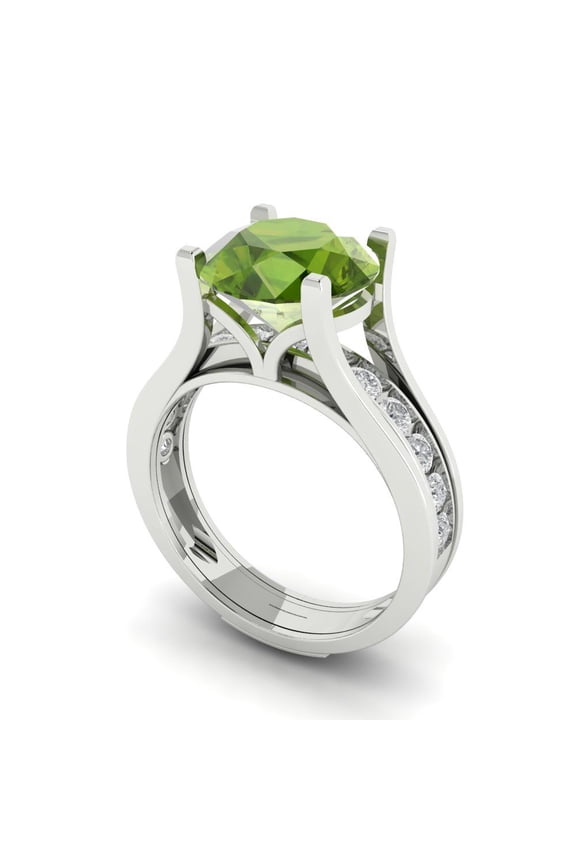 3.39 ct Brilliant Round Cut Natural Peridot 14k White Gold Solitaire with Accents Engagement Bridal Wedding Ring Band Set size 6