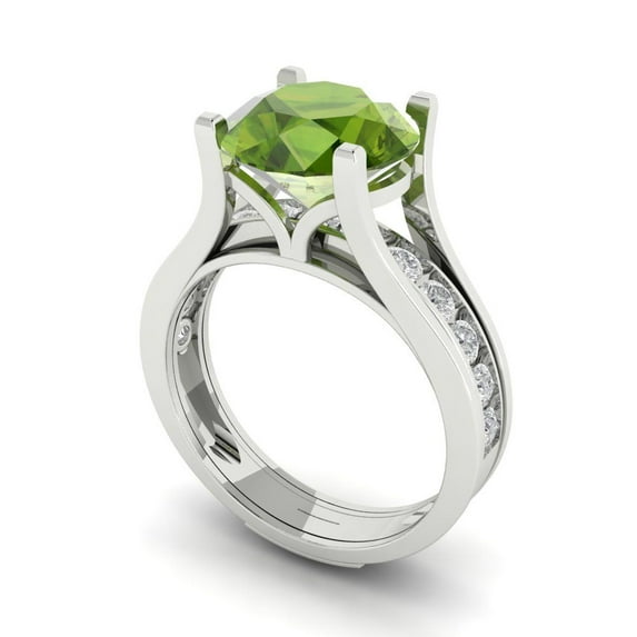 3.39 ct Brilliant Round Cut Natural Peridot 14k White Gold Solitaire with Accents Engagement Bridal Wedding Ring Band Set size 6.25
