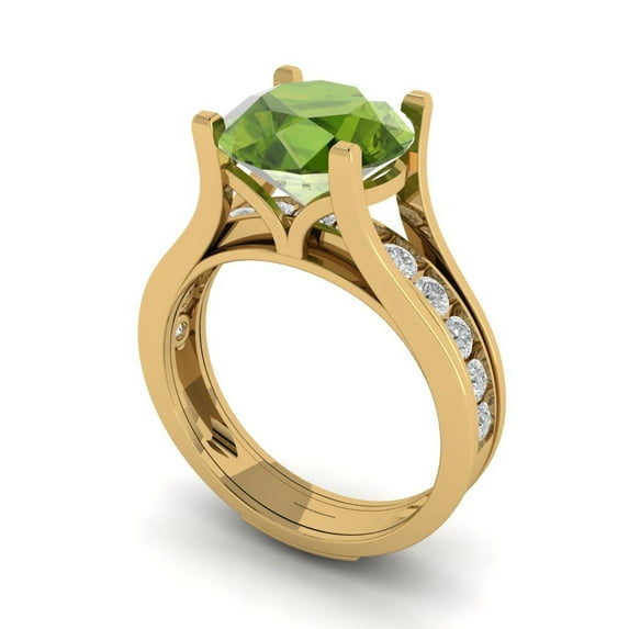 3.39 ct Brilliant Round Cut Natural Peridot 14k Yellow Gold Solitaire with Accents Engagement Bridal Wedding Ring Band Set size 5.75
