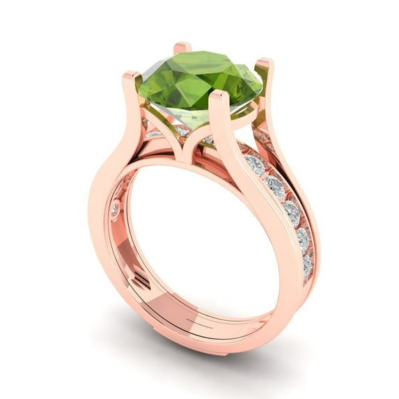3.39 ct Brilliant Round Cut Natural Peridot 18K Rose Gold Solitaire with Accents Engagement Bridal Wedding Ring Band Set size 10.75