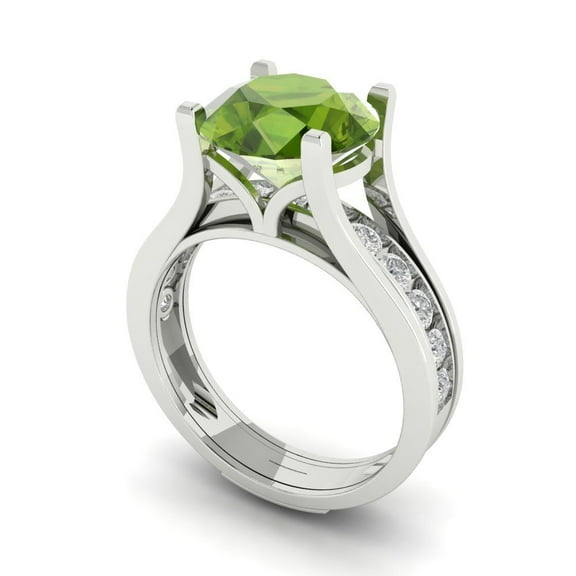 3.39 ct Brilliant Round Cut Natural Peridot 18K White Gold Solitaire with Accents Engagement Bridal Wedding Ring Band Set size 8