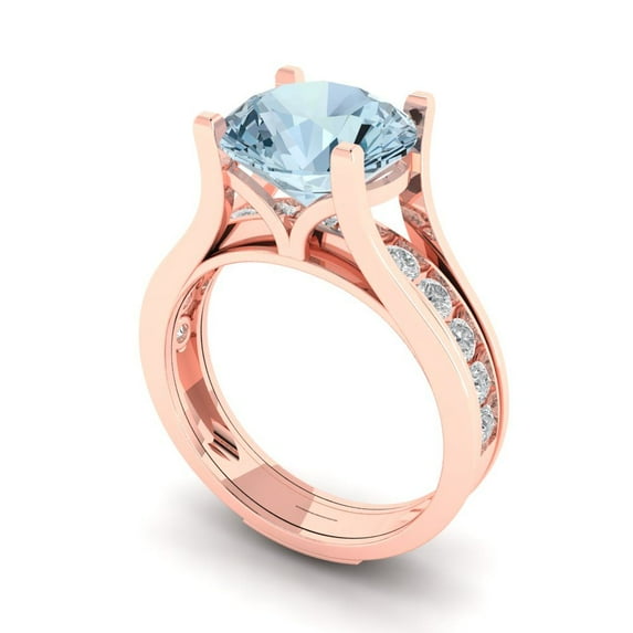 3.39 ct Brilliant Round Cut Natural Sky Blue Topaz 14k Rose Gold Solitaire with Accents Engagement Bridal Wedding Ring Band Set size 7.5