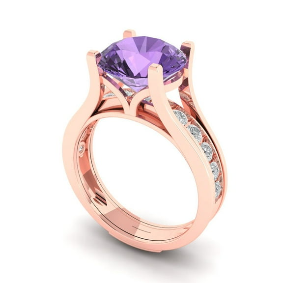 3.39 ct Brilliant Round Cut Alexandrite 18K Rose Gold Solitaire with Accents Engagement Bridal Wedding Ring Band Set size 9