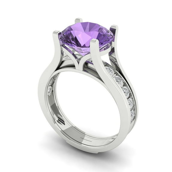 3.39 ct Brilliant Round Cut Alexandrite 18K White Gold Solitaire with Accents Engagement Bridal Wedding Ring Band Set size 8.75