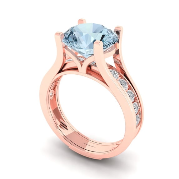 3.39 ct Brilliant Round Cut Blue Zircon 18K Rose Gold Solitaire with Accents Engagement Bridal Wedding Ring Band Set size 5