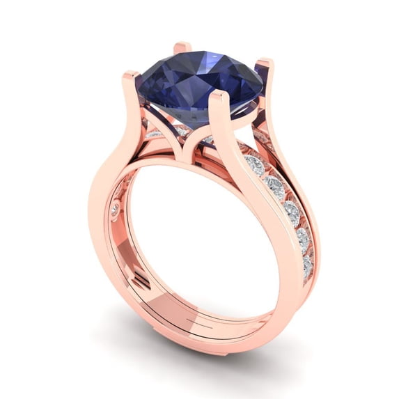 3.39 ct Brilliant Round Cut Blue Sapphire 14k Rose Gold Solitaire with Accents Engagement Bridal Wedding Ring Band Set size 5