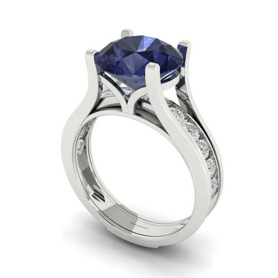 3.39 ct Brilliant Round Cut Blue Sapphire 14k White Gold Solitaire with Accents Engagement Bridal Wedding Ring Band Set size 5.25