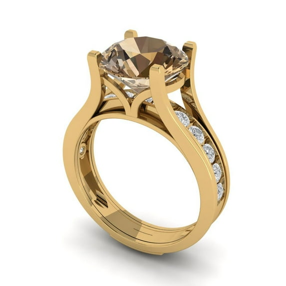 3.39 ct Brilliant Round Cut Champagne 14k Yellow Gold Solitaire with Accents Engagement Bridal Wedding Ring Band Set size 9.5