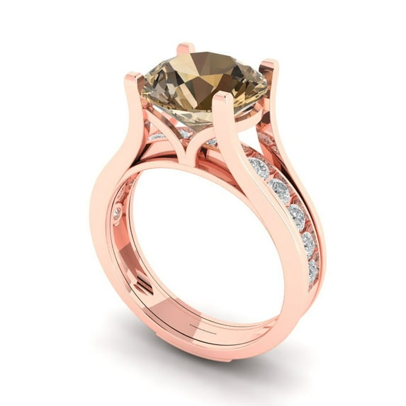 3.39 ct Brilliant Round Cut Champagne 18K Rose Gold Solitaire with Accents Engagement Bridal Wedding Ring Band Set size 7.25