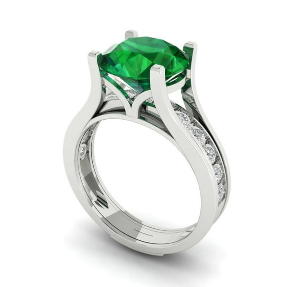 3.39 ct Brilliant Round Cut Emerald 14k White Gold Solitaire with Accents Engagement Bridal Wedding Ring Band Set size 10.25