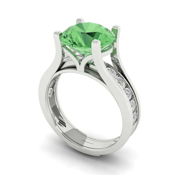 3.39 ct Brilliant Round Cut Green Zircon 14k White Gold Solitaire with Accents Engagement Bridal Wedding Ring Band Set size 5.25