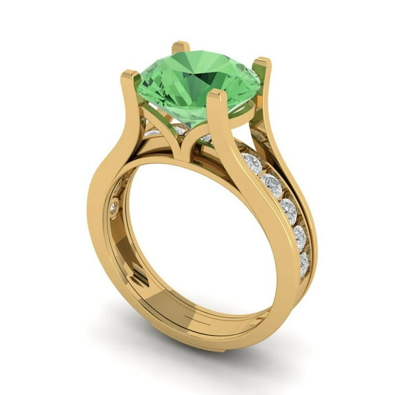 3.39 ct Brilliant Round Cut Green Zircon 18K Yellow Gold Solitaire with Accents Engagement Bridal Wedding Ring Band Set size 8.5