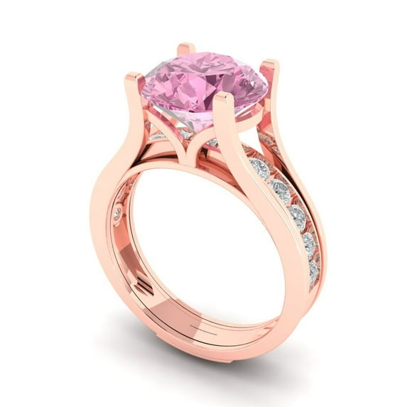 3.39 ct Brilliant Round Cut Pink Zircon 14k Rose Gold Solitaire with Accents Engagement Bridal Wedding Ring Band Set size 10.5