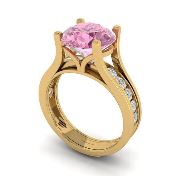 3.39 ct Brilliant Round Cut Pink Zircon 14k Yellow Gold Solitaire with Accents Engagement Bridal Wedding Ring Band Set size 7.25
