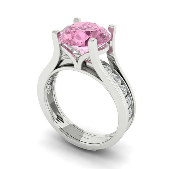 3.39 ct Brilliant Round Cut Pink Zircon 18K White Gold Solitaire with Accents Engagement Bridal Wedding Ring Band Set size 11