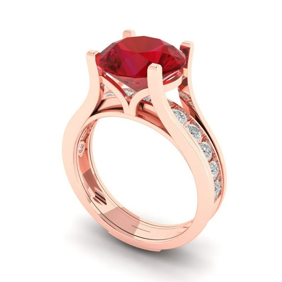 3.39 ct Brilliant Round Cut Pink Tourmaline 14k Rose Gold Solitaire with Accents Engagement Bridal Wedding Ring Band Set size 6.5