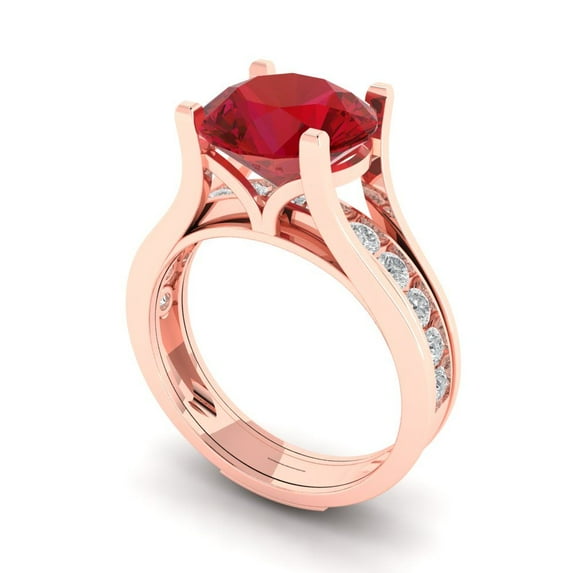 3.39 ct Brilliant Round Cut Pink Tourmaline 18K Rose Gold Solitaire with Accents Engagement Bridal Wedding Ring Band Set size 6.5