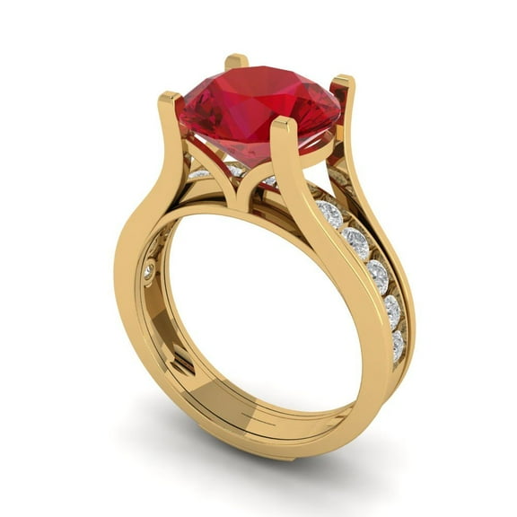 3.39 ct Brilliant Round Cut Ruby 14k Yellow Gold Solitaire with Accents Engagement Bridal Wedding Ring Band Set size 6.25