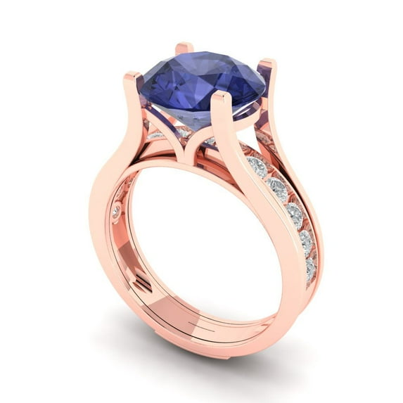 3.39 ct Brilliant Round Cut Tanzanite 18K Rose Gold Solitaire with Accents Engagement Bridal Wedding Ring Band Set size 6.75