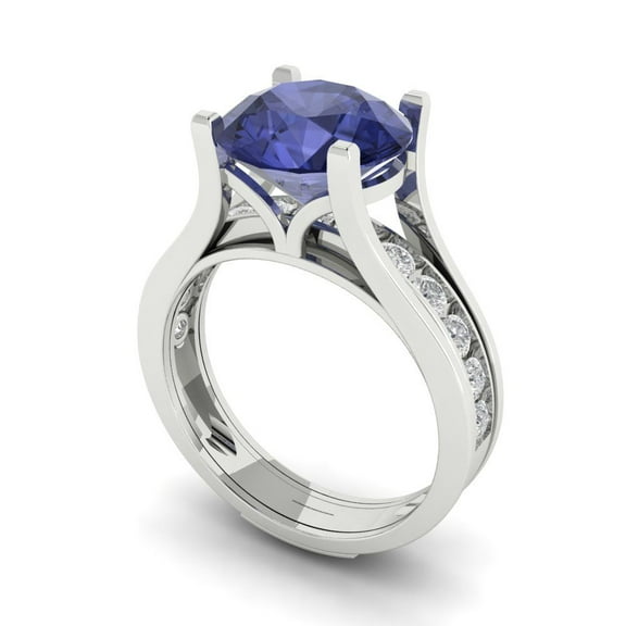 3.39 ct Brilliant Round Cut Tanzanite 18K White Gold Solitaire with Accents Engagement Bridal Wedding Ring Band Set size 8.5