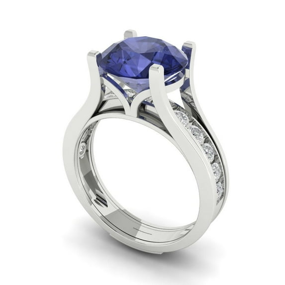 3.39 ct Brilliant Round Cut Tanzanite 18K White Gold Solitaire with Accents Engagement Bridal Wedding Ring Band Set size 9